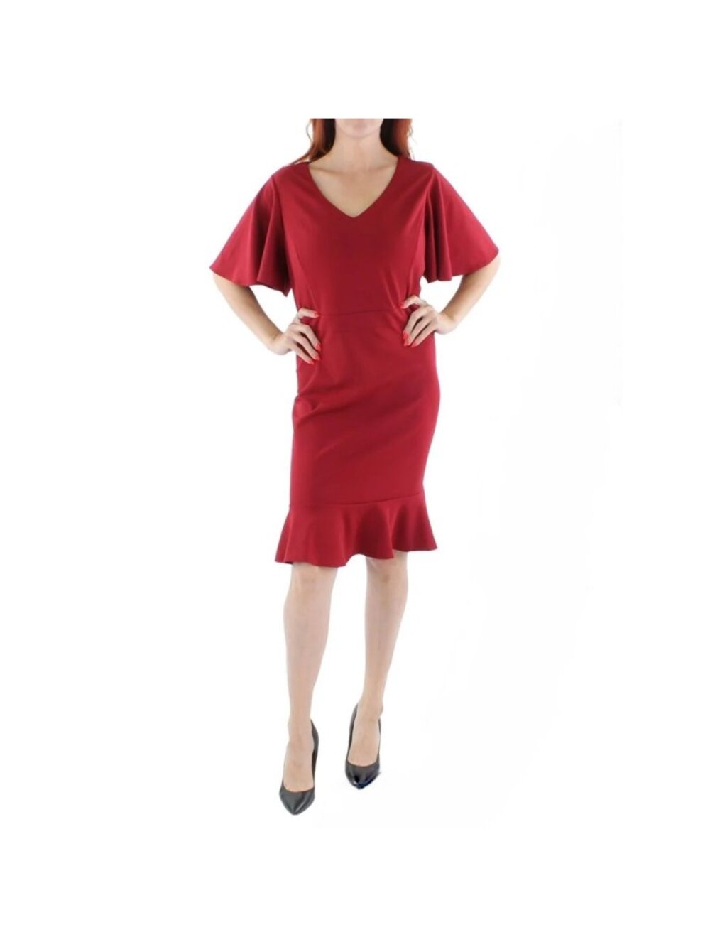 Kasper Sheath Dress Women's XS Red V Neck Flutter Sleeve Trumpet Hem Classic